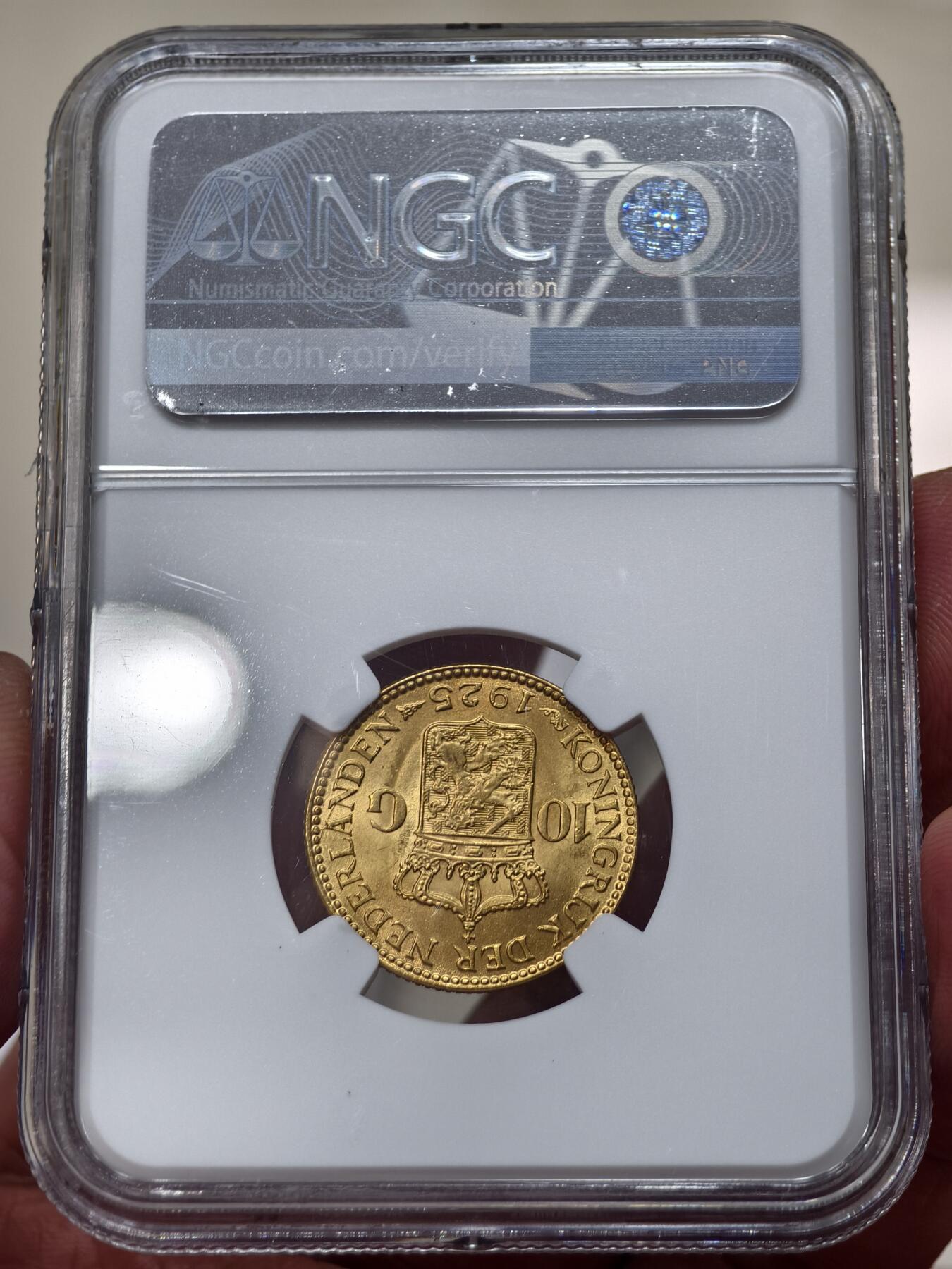 NGC-MS65荷兰1925年威廉明娜女王10盾金币