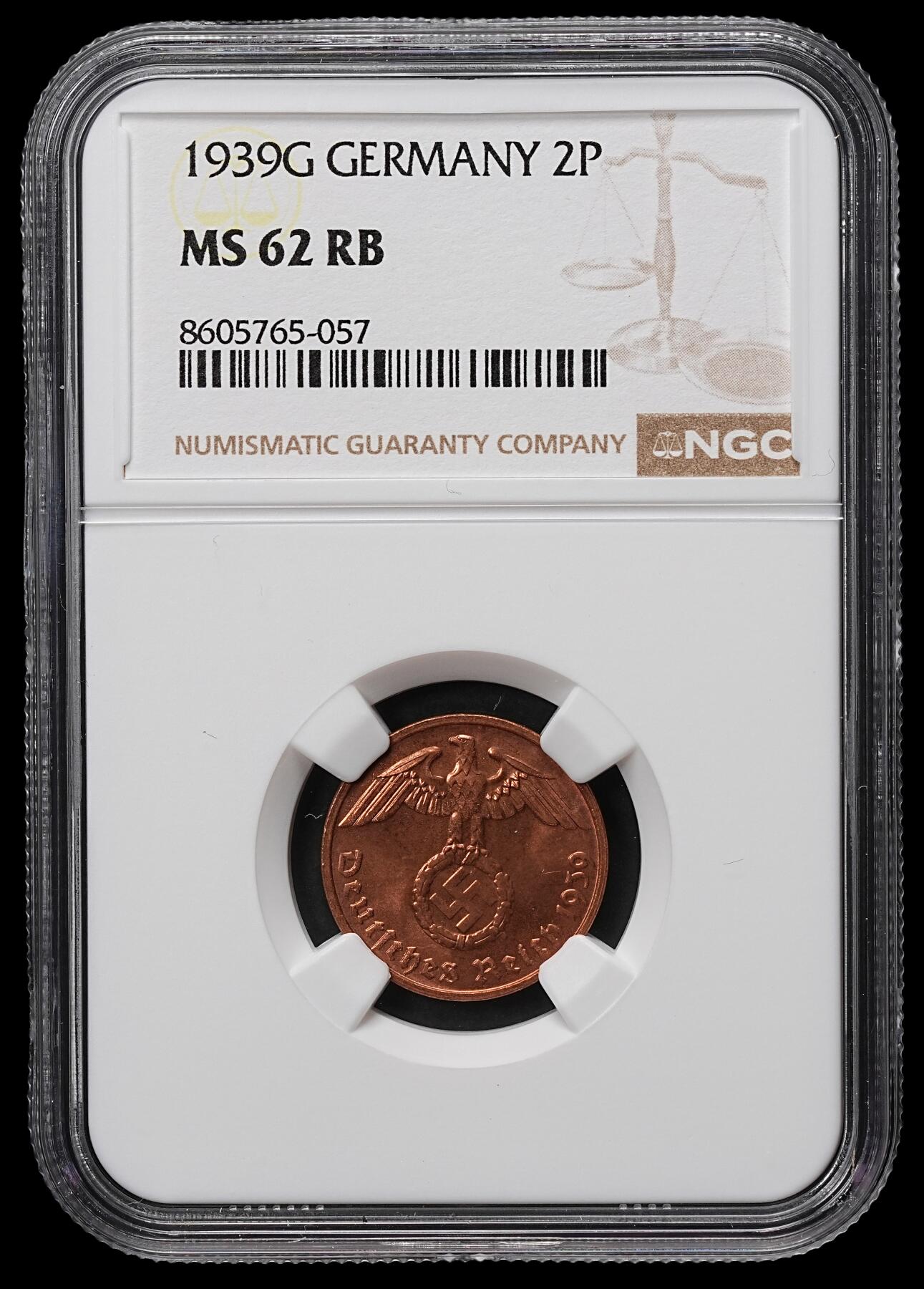 修遠堂世界钱币第104期 NGC MS62RB 1939年德国2芬尼铜币 G厂铭