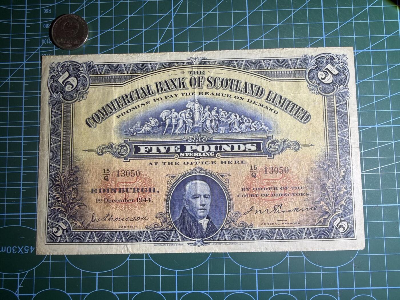 【炜奕收藏】，第五十九期，苏格兰多时期钞票，年前最后一期，拍后所有寄存物品将寄出 1944年苏格兰商业银行5镑，品相如图，超大票幅，少见