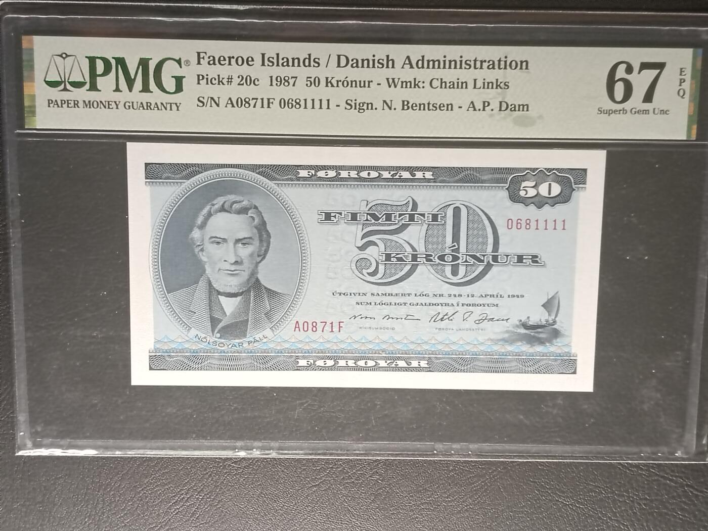【年前末拍！】2026二月第二期，总216期 【冠军分】法罗群岛1987年50克朗PMG67epq，倒置号狮子号1111，商人和海员派尔