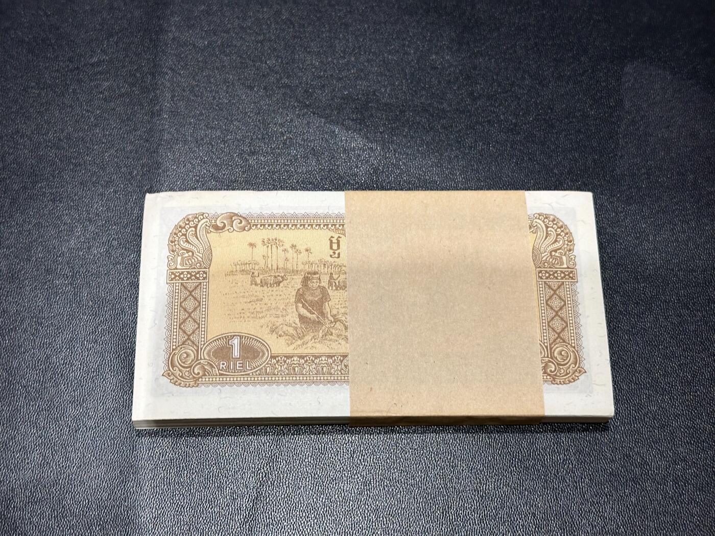 《外钞收藏家》第六百零九期（农历年前收官场、本期年后快递恢复正常再发货）（本平台长期征集拍品、欢迎藏友们联系合作） 1979年版柬埔寨瑞尔 标准100连号 无47 最后一张品相较差 其他有潮斑 平光情况下整体状态还不错