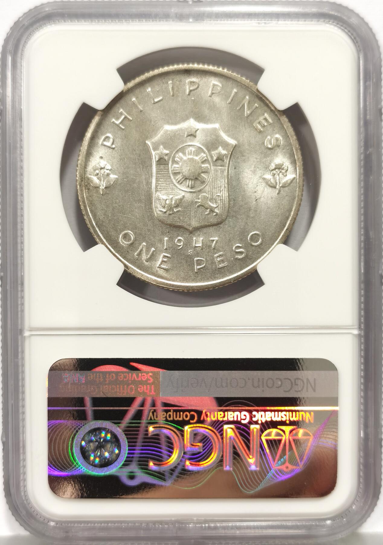 博洋堂“心向春光”2月精品大拍专场暨第160期（全场包邮） NGC MS65 顶级状态菲律宾1947年麦克阿瑟1比索银币，底板干净转光丝滑，状态顶级无需多言