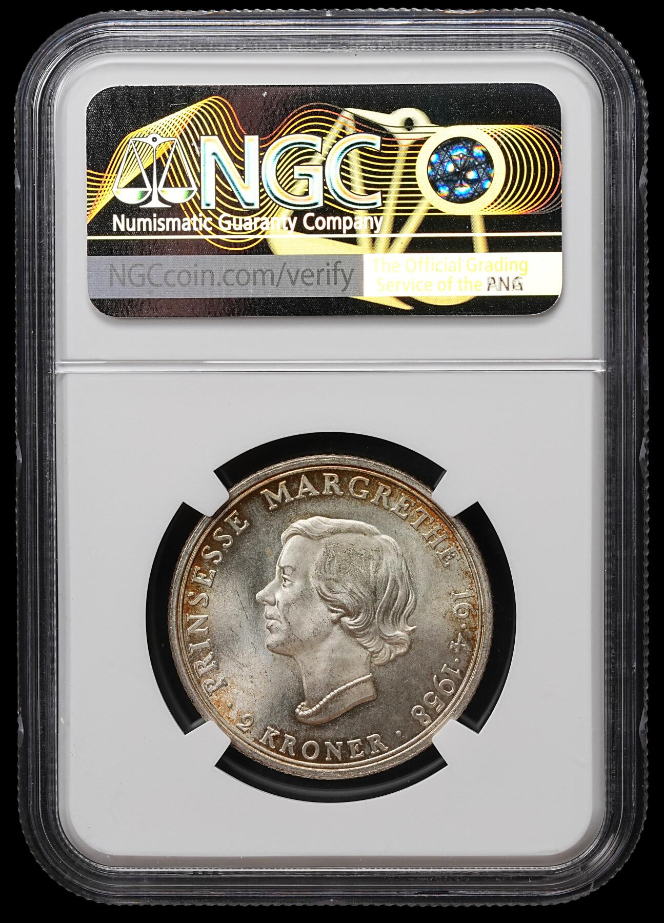 修遠堂世界钱币第104期 NGC MS65 1958年丹麦玛格丽特公主18周岁纪念2克朗银币