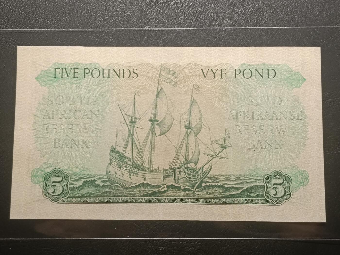 【年前末拍！】2026二月第二期，总216期 南非1957年5镑AUNC南非荷兰文在前版本无47，范里贝克和大帆船，少见南非镑中高面值品种