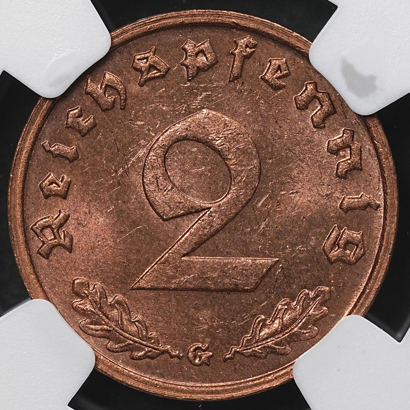 修遠堂世界钱币第104期 NGC MS62RB 1939年德国2芬尼铜币 G厂铭