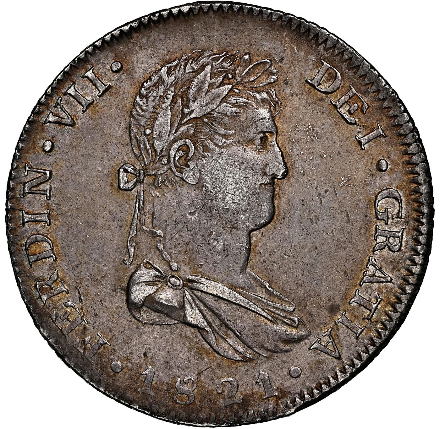 博洋堂“心向春光”2月精品大拍专场暨第160期（全场包邮） NGC AU53 西属墨西哥1821年GA FS斐迪南七世双柱8R，Guadalajara厂的内战双柱，远比常见的Zs厂少见，高分更是难遇，这枚人像、皇冠、盾徽等细节完美，全方位深打，包浆老道，真正收藏级的一枚