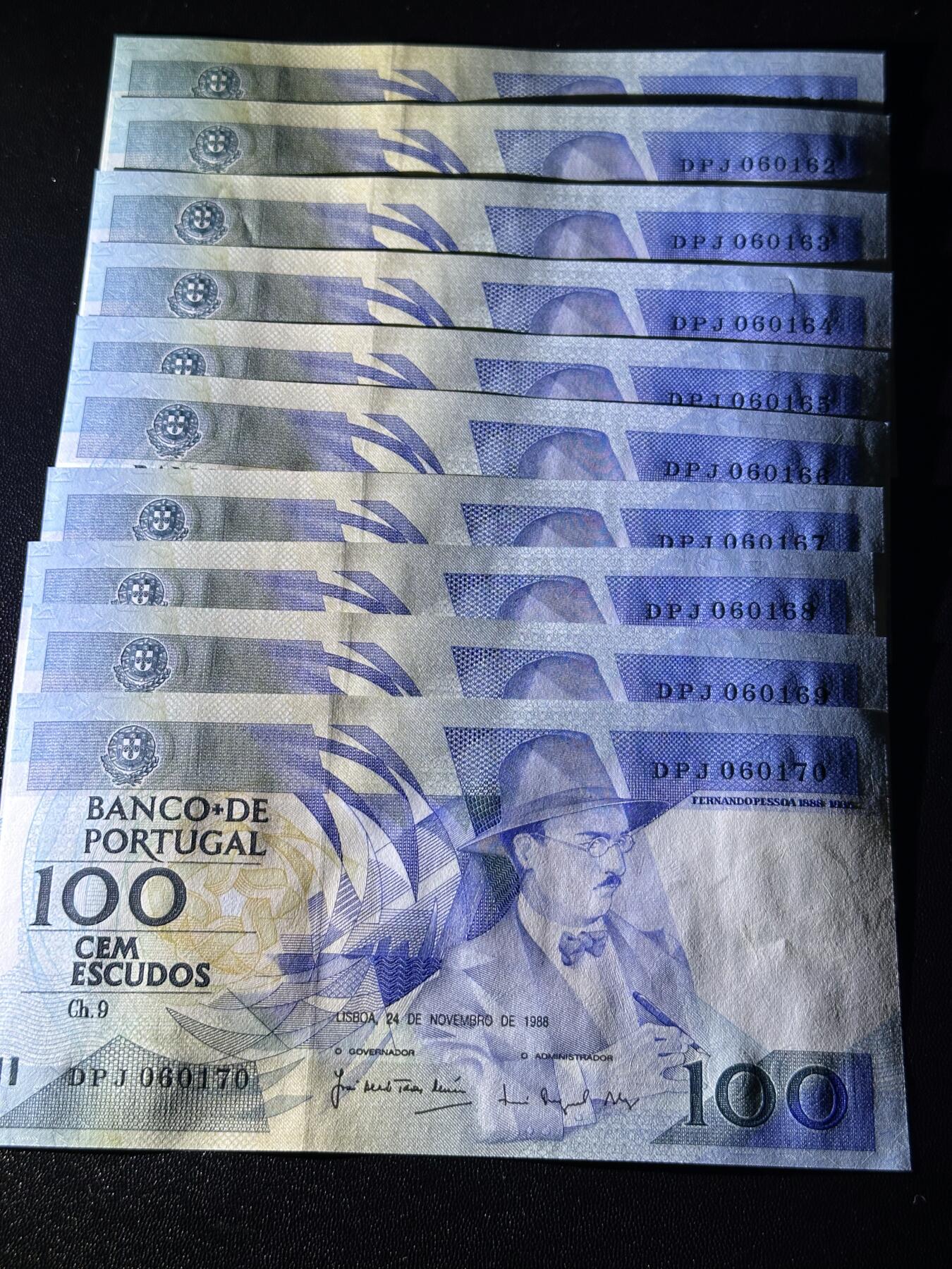 《外钞收藏家》第六百零九期（农历年前收官场、本期年后快递恢复正常再发货）（本平台长期征集拍品、欢迎藏友们联系合作） 葡萄牙1988年100埃斯库多标十连号（61-70无47；作家费尔南多佩索阿）		UNC
