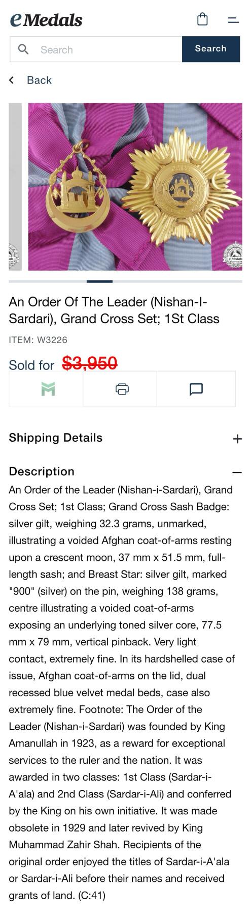 盛世勋华——号角文化勋章邮票专场拍卖第304期 阿富汗王国大十字级领袖勋章 银质带银标 带原盒 极为少见 不带盒市场价3900+美元参见图九