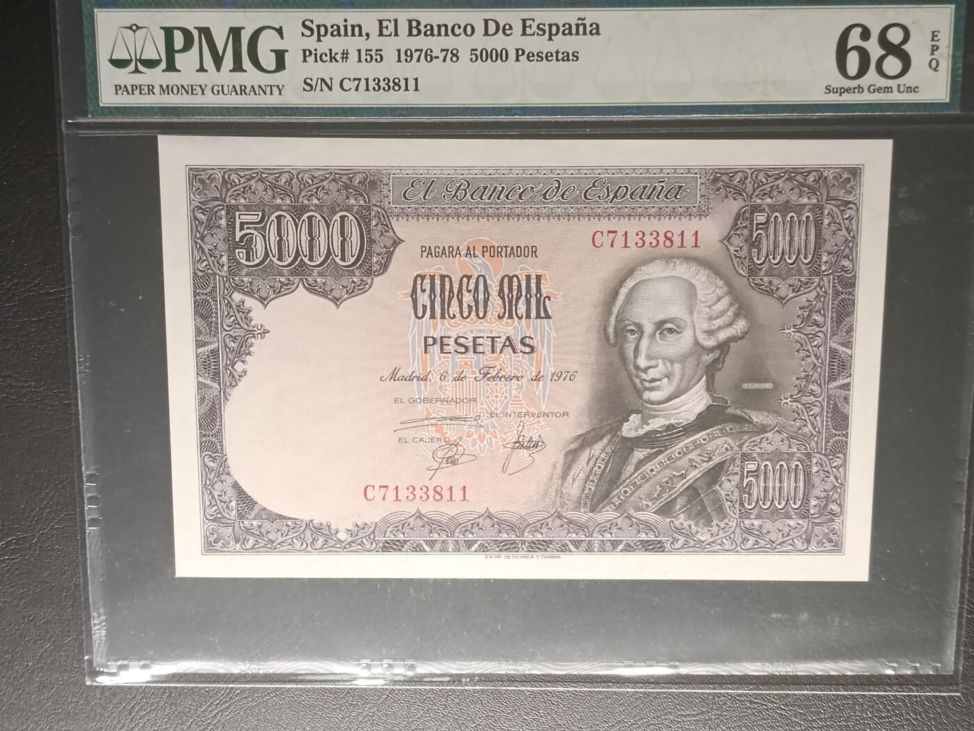 【年前末拍！】2026二月第二期，总216期 【亚军分仅两个更高】西班牙1976版5000比塞塔PMG68epq，超级大方块，卡洛斯三世，PMG老壳
