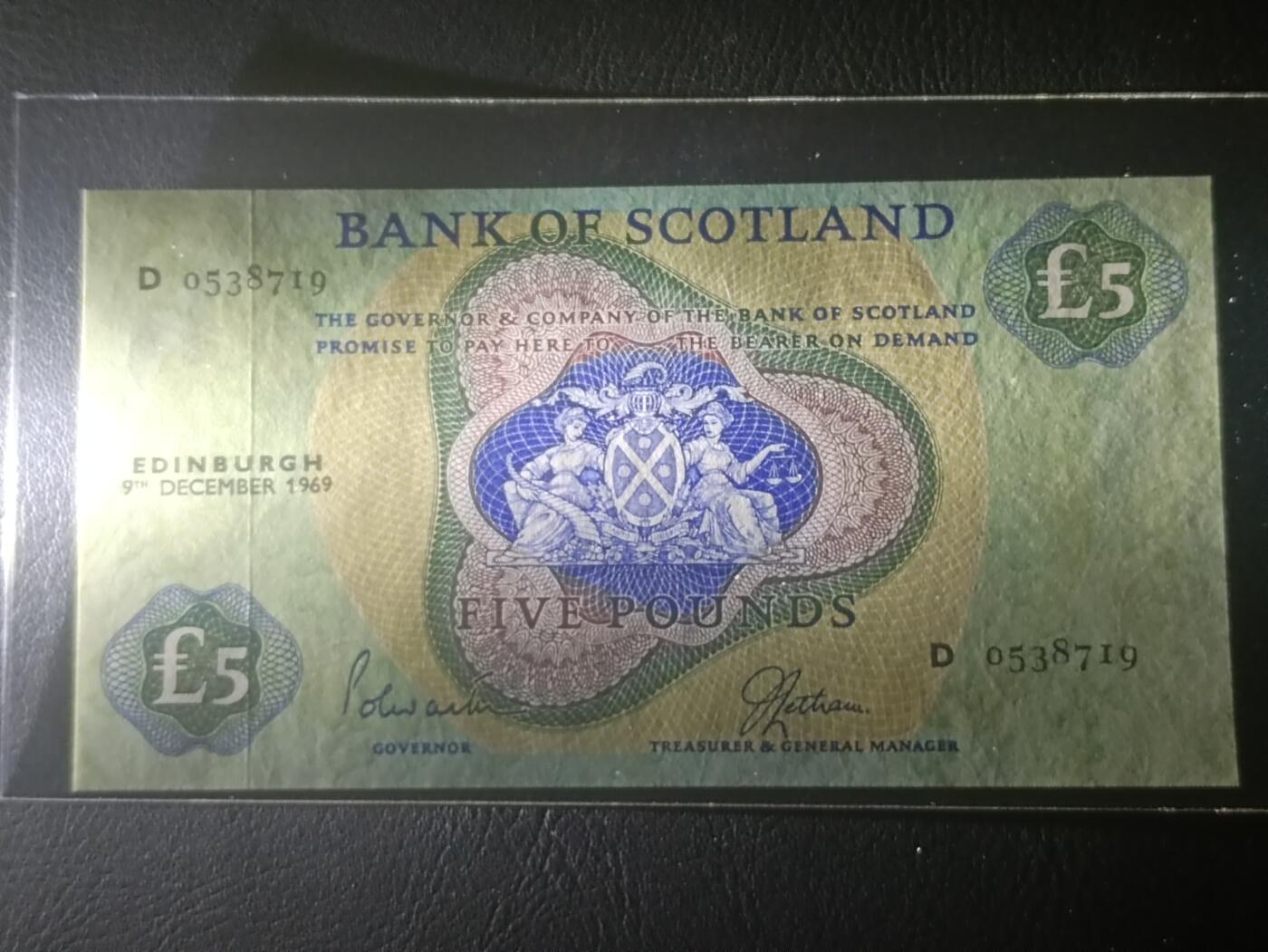 【年前末拍！】2026二月第二期，总216期 苏格兰银行1969年5镑UNC-，早期少见中高面值品种