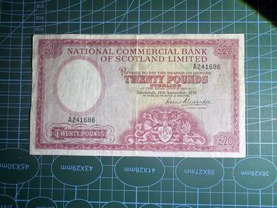 【炜奕收藏】，第五十九期，苏格兰多时期钞票，年前最后一期，拍后所有寄存物品将寄出 - 1959年苏格兰国家商业银行20镑，品相如图，少见品种
