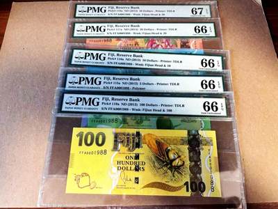 【Blue Auction】世界纸币精拍第784期——18级TOP拍卖/信誉/品质/专业/高效💫 - 【一组5张FFA首发冠 1988倒置小号全同套】斐济 2013年5-100元 PMG67EPQ-66EPQ