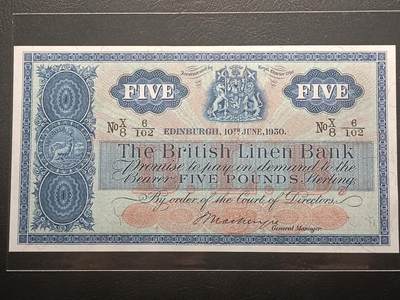 【年前末拍！】2026二月第二期，总216期 - 苏格兰不列颠亚麻银行1950年5镑UNC-，不列颠尼亚女神，早期大票幅版本，稀有中高面值