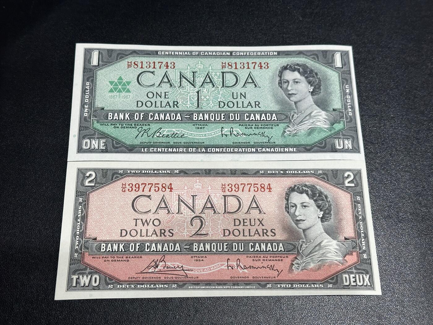 《外钞收藏家》第六百零九期（农历年前收官场、本期年后快递恢复正常再发货）（本平台长期征集拍品、欢迎藏友们联系合作） 加拿大1954年风景版2元+1967年1元（老版纸币UNC较少）		UNC