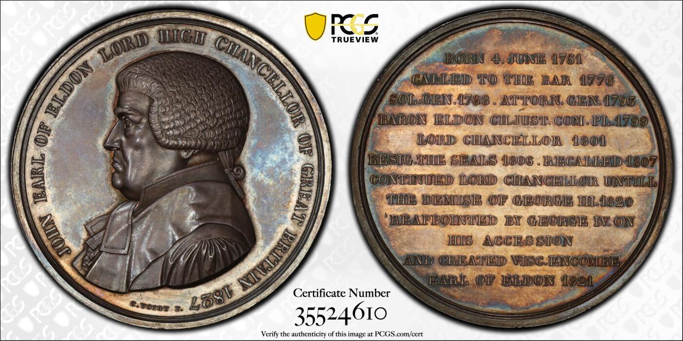博洋堂“心向春光”2月精品大拍专场暨第160期（全场包邮） PCGS SP64 英国1827年大法官纪念银章，背面记录法官一生，深打欧洲老彩包浆，300年的绝美收藏级天花板