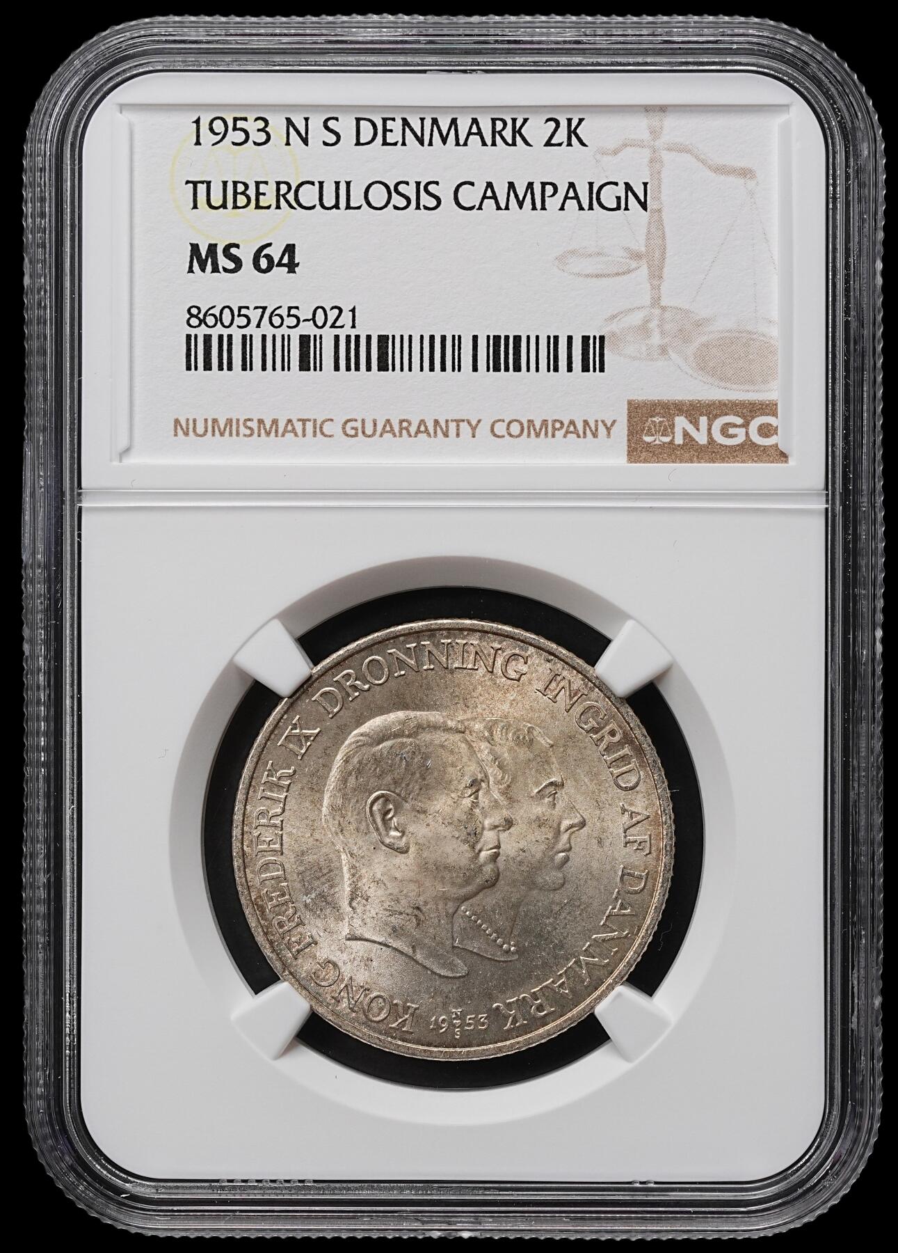 修遠堂世界钱币第104期 NGC MS64 1953年丹麦格林兰结核防治纪念2克朗银币 