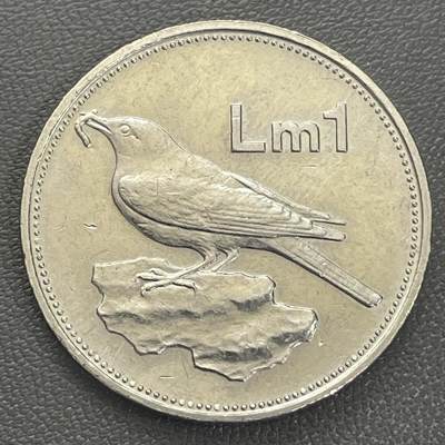 回流0207 - 马耳他1986年1里拉（等值人民币17元） 纯镍币 马耳他国鸟蓝岩鸫