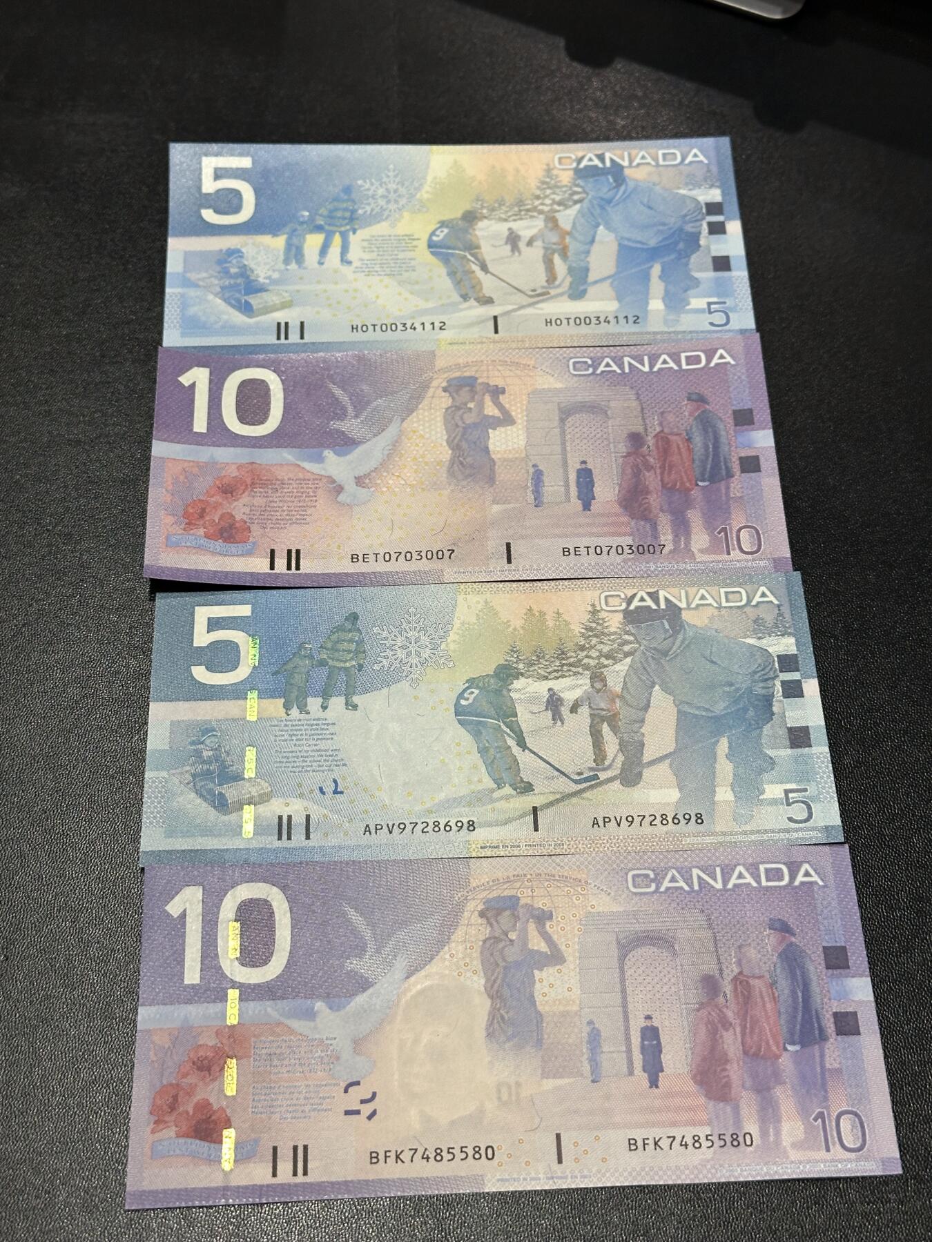 《外钞收藏家》第六百零九期（农历年前收官场、本期年后快递恢复正常再发货）（本平台长期征集拍品、欢迎藏友们联系合作） 加拿大之旅系列5/10元四张小套（内含有无全息条的两个版本，凑齐不易，绝品）