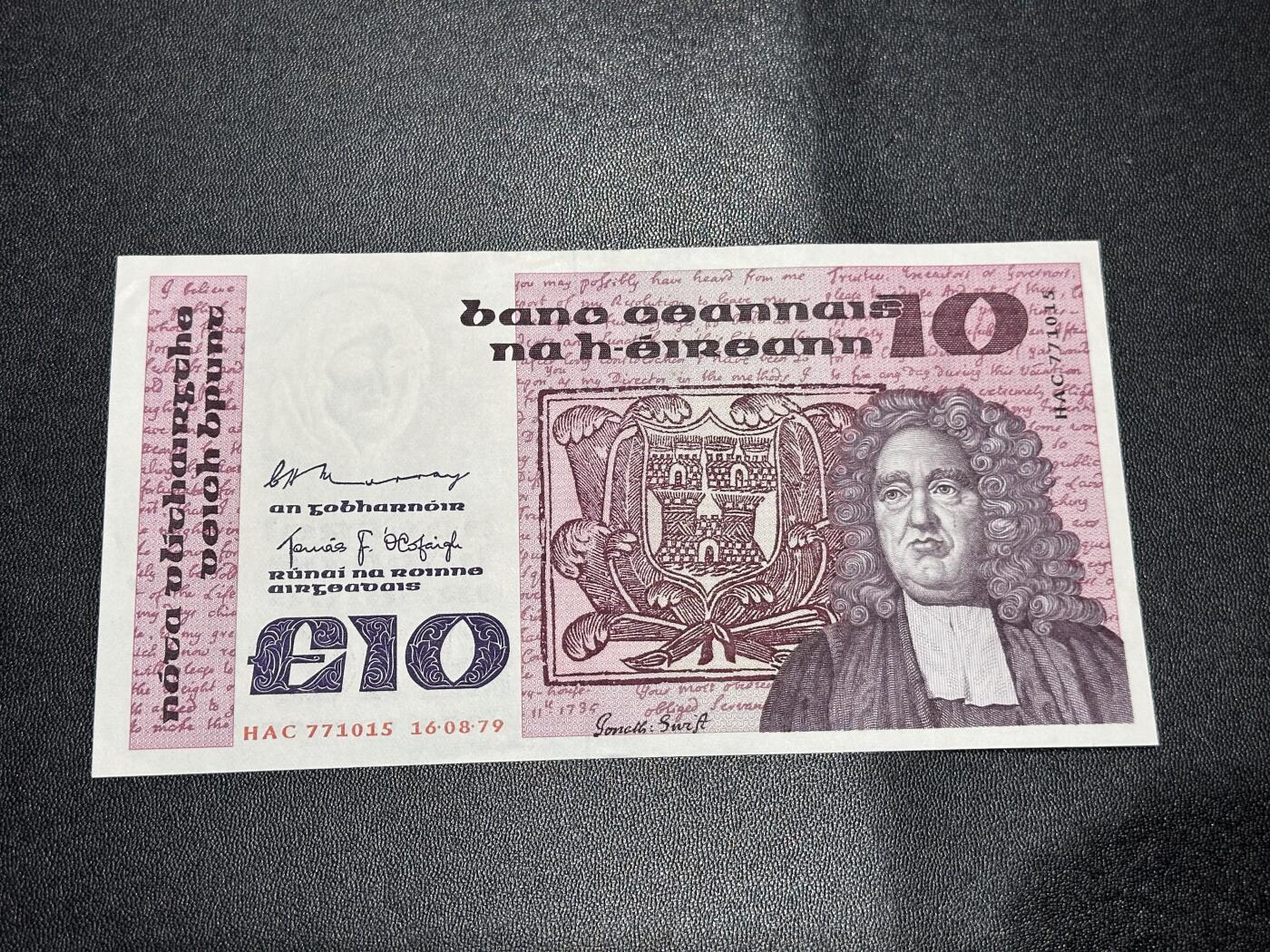 《外钞收藏家》第六百零九期（农历年前收官场、本期年后快递恢复正常再发货）（本平台长期征集拍品、欢迎藏友们联系合作） 爱尔兰1979年10镑（9品左右，大票幅纸币，全程无4）		9品