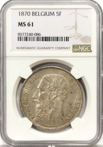 博洋堂“心向春光”2月精品大拍专场暨第160期（全场包邮） - NGC MS61 比利时1870年利奥波德二世5法郎，整体细节完好底板霜光仍存，背面状态更优