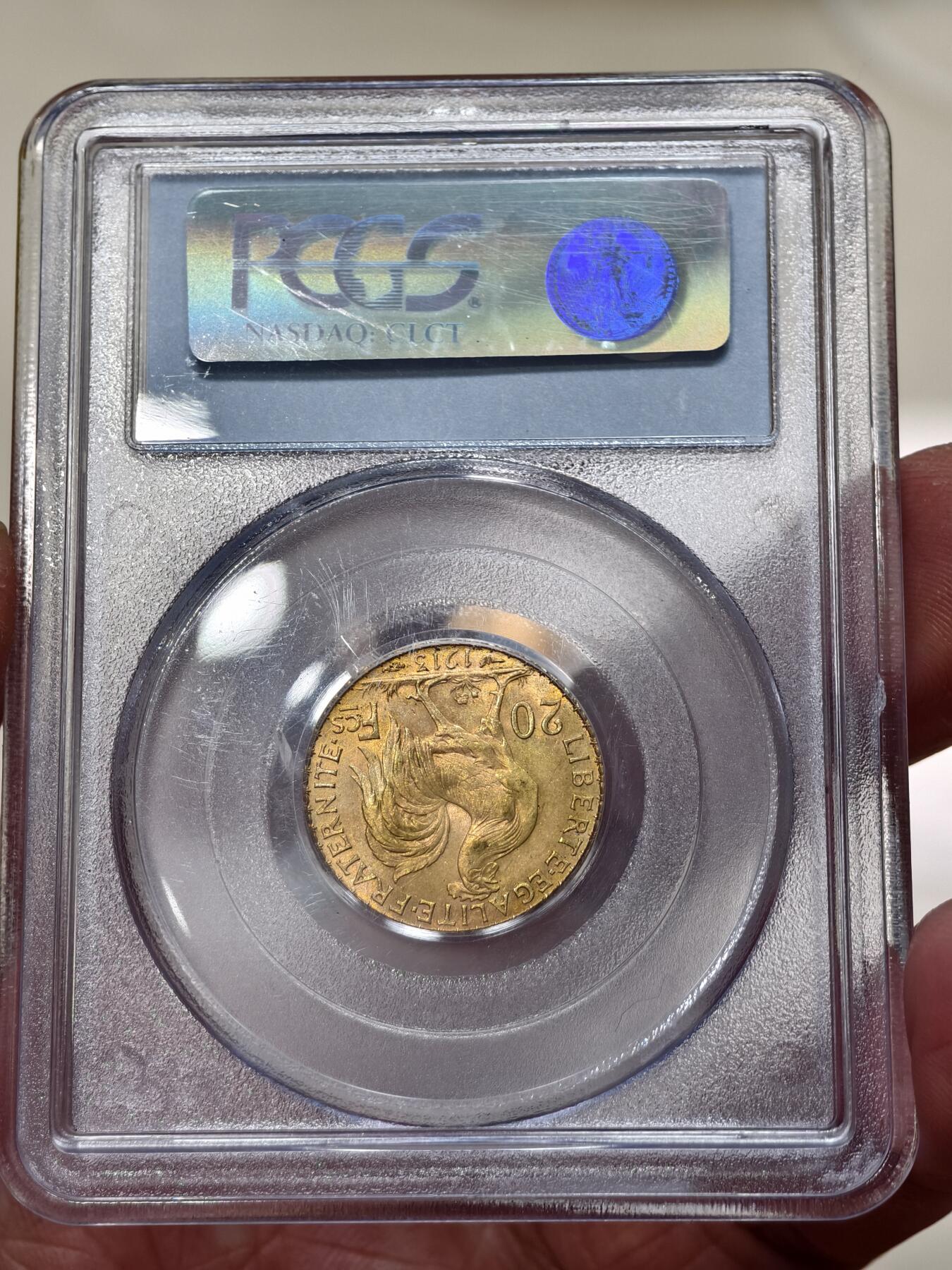 PCGS-MS65法国1913年玛丽安娜高卢雄鸡20法郎金币