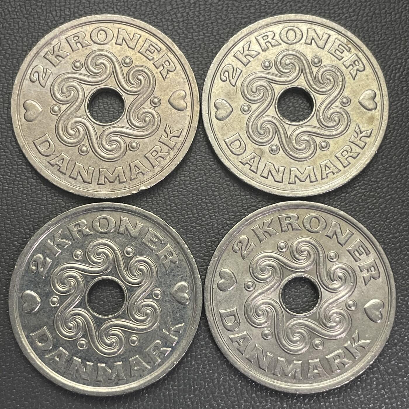 回流0207 丹麦1992、1995、1999、2001年玛格丽特二世女王2克朗4枚合计等值人民币8.8元