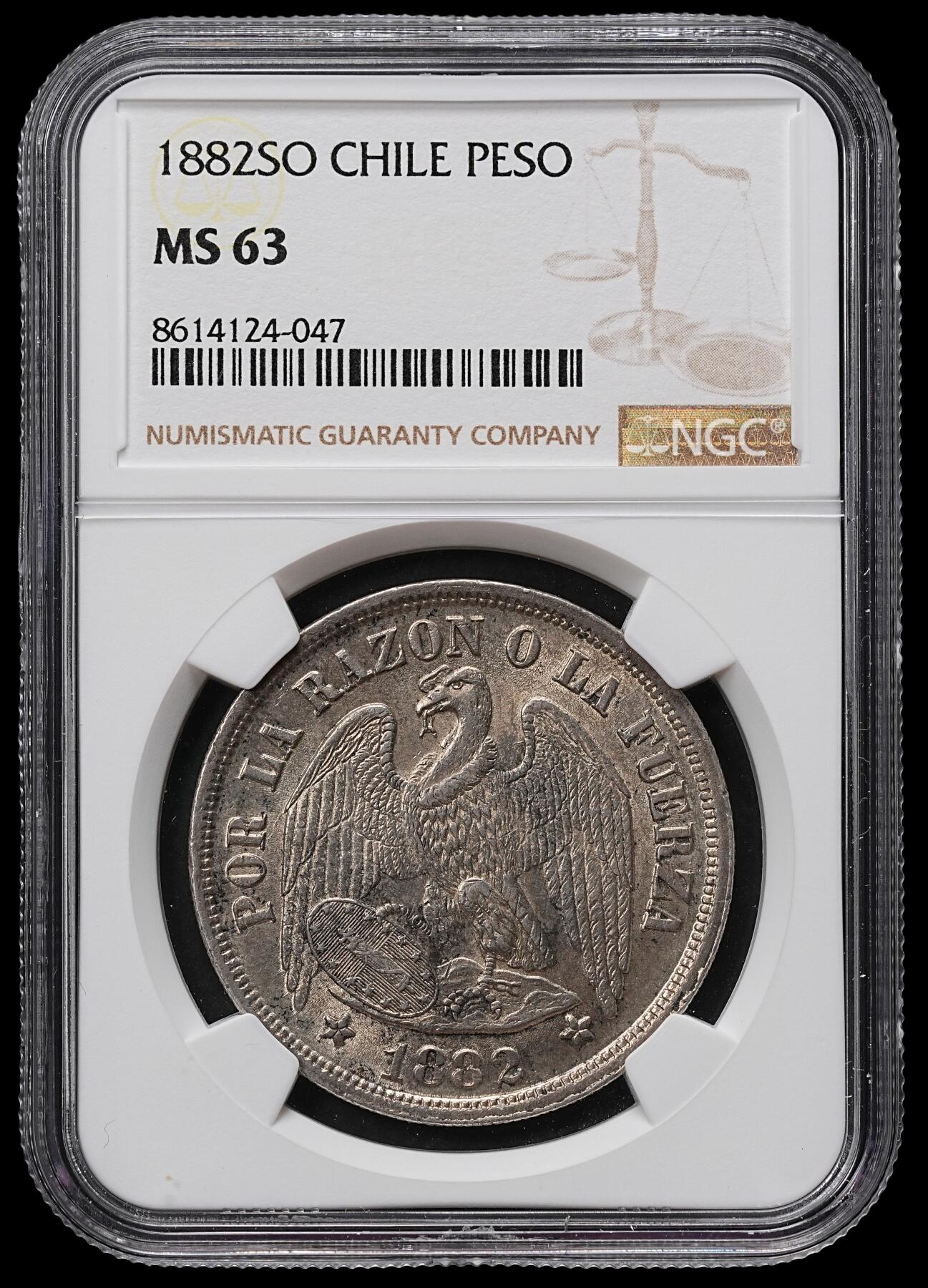修遠堂世界钱币第104期 NGC MS63 1882年智利1比索大银币