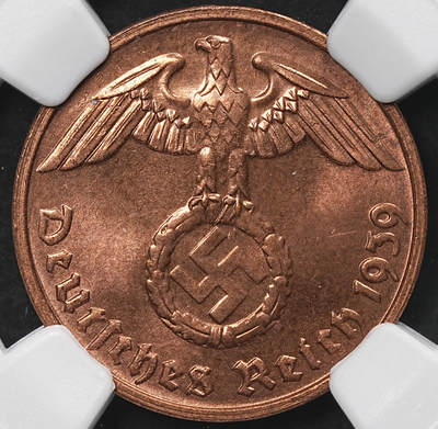 修遠堂世界钱币第104期 - NGC MS62RB 1939年德国2芬尼铜币 G厂铭