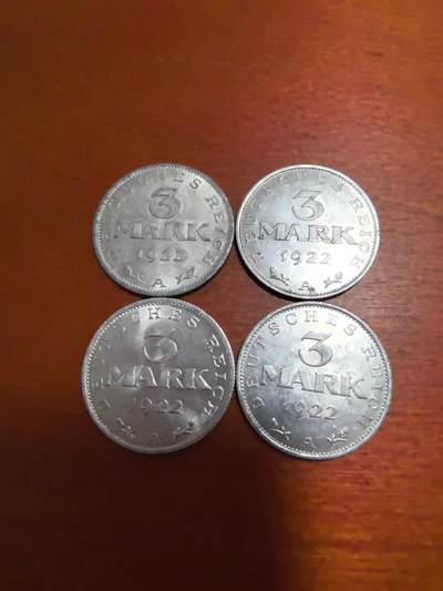 长老汇蛇年精选第九十八场拍卖 - 1922德国魏玛3马克铝币4枚，未流通