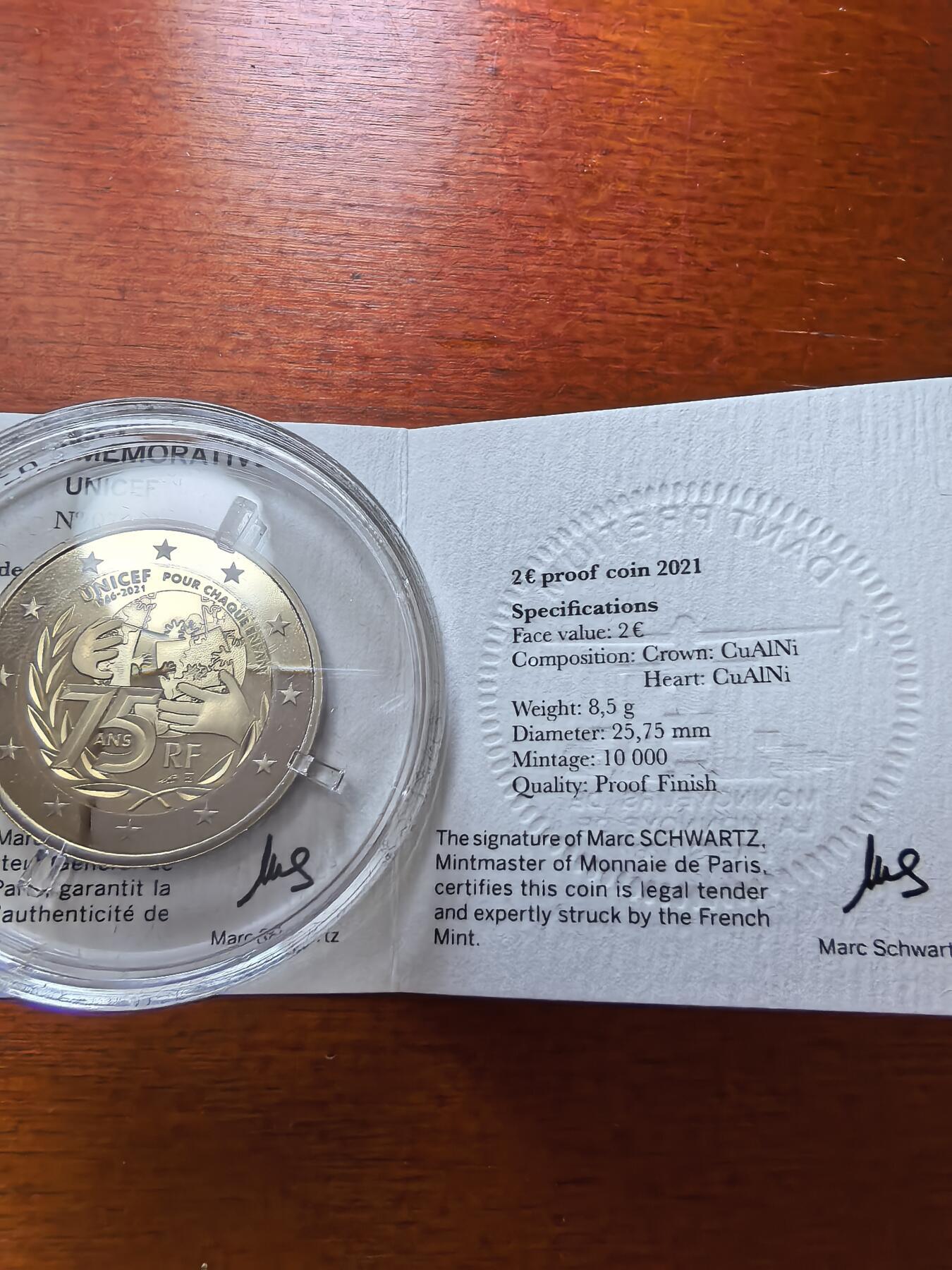 长老汇蛇年精选第九十八场拍卖 2021法国联合国儿童基金会，2欧元精制币，盒证全，1万枚