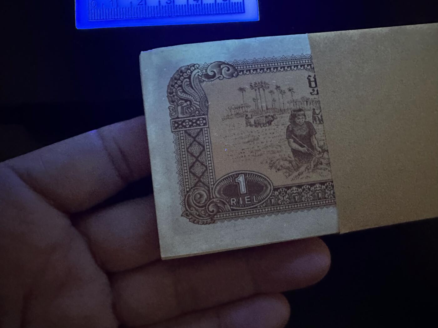 《外钞收藏家》第六百零九期（农历年前收官场、本期年后快递恢复正常再发货）（本平台长期征集拍品、欢迎藏友们联系合作） 1979年版柬埔寨瑞尔 标准100连号 无47 最后一张品相较差 其他有潮斑 平光情况下整体状态还不错