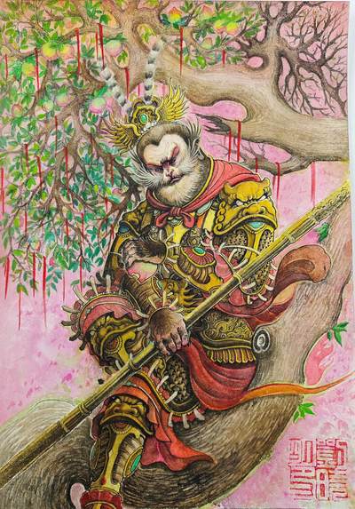 白泽拍卖卡牌手绘专场第32期（愿得长如此 年年物侯新） - 2025 刘晓明手绘画 悟空 尺寸：29.7cm*42.3cm  刘晓明亲签