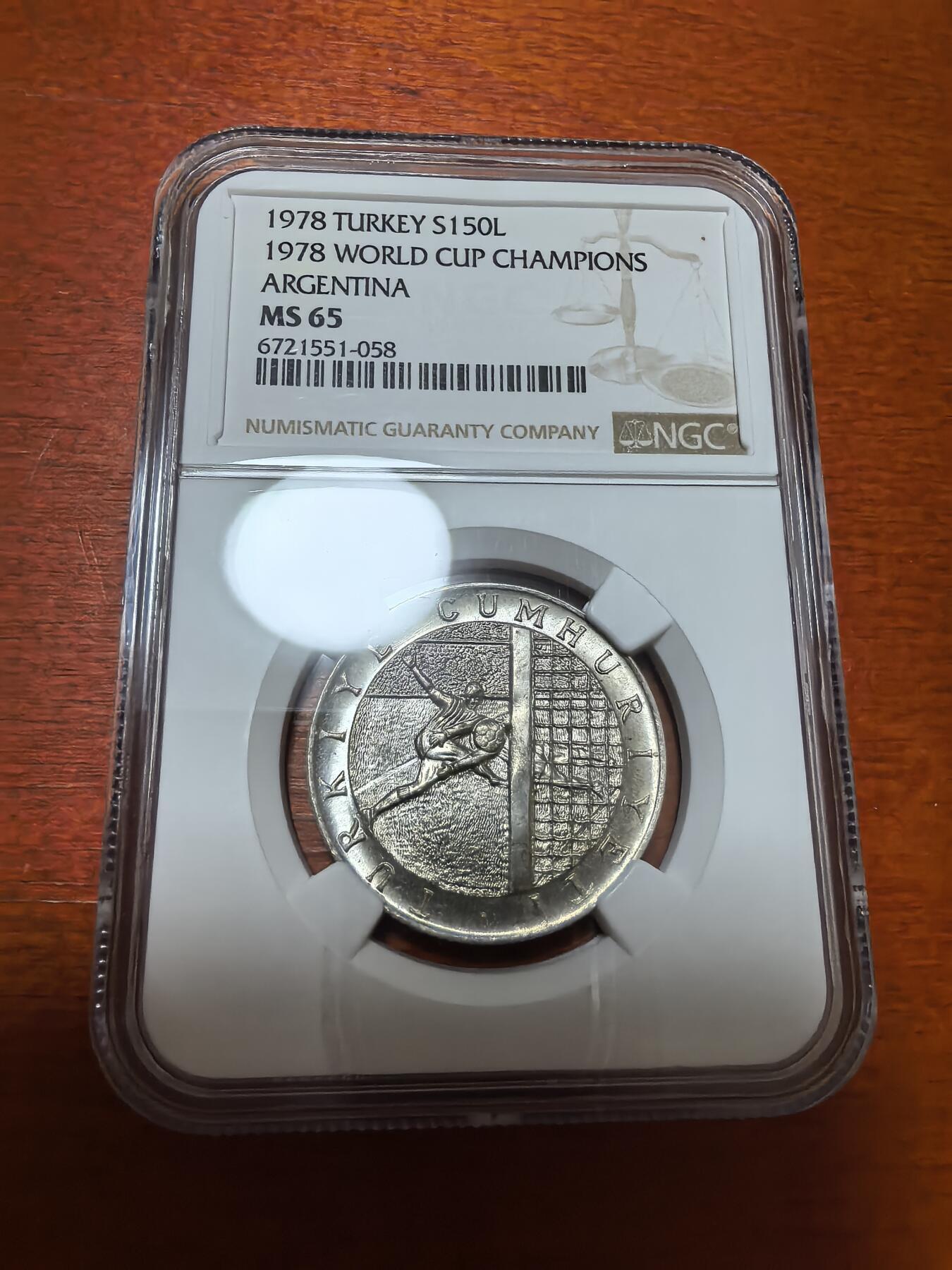 长老汇蛇年精选第九十八场拍卖 1978土耳其世界杯冠军阿根廷队150里拉银币，NGC MS65分 ，唯一亚军，更高2枚，5000枚