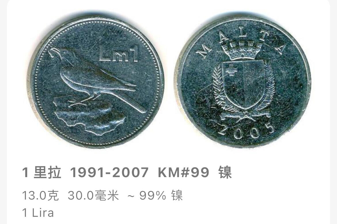 回流0207 马耳他1995年1里拉（等值人民币17元） 纯镍币 马耳他国鸟蓝岩鸫