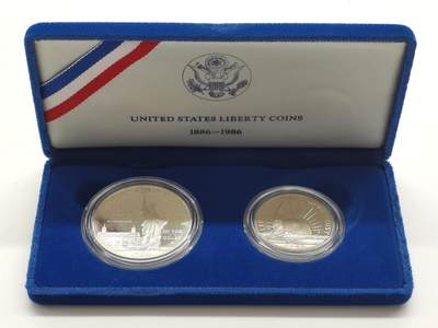 博洋堂“心向春光”2月精品大拍专场暨第160期（全场包邮） - 1986年美国1元和50分精制币套 自由女神像（1美元精制银币）900银26.73克 盒证全