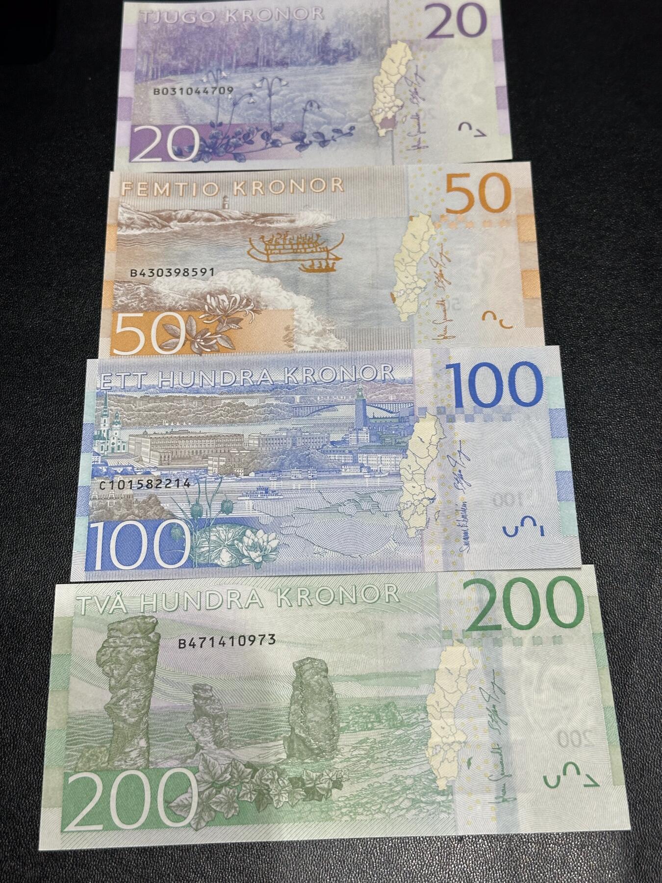 《外钞收藏家》第六百零九期（农历年前收官场、本期年后快递恢复正常再发货）（本平台长期征集拍品、欢迎藏友们联系合作） 瑞典新版20/50/100/200克朗文化名人系列四张一套（绝品）