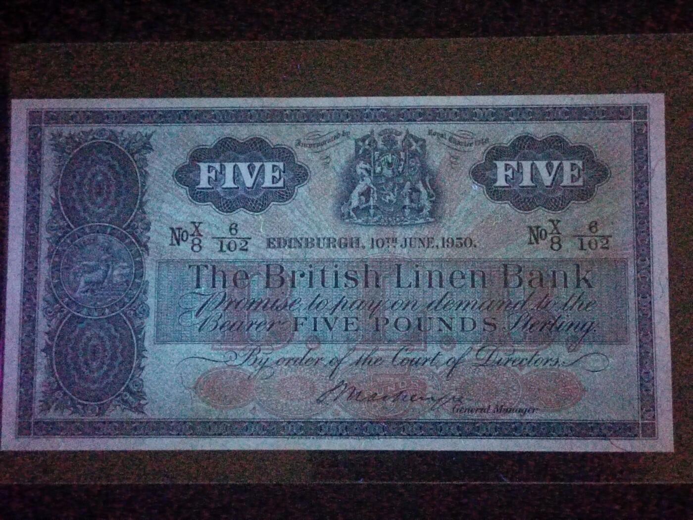 【年前末拍！】2026二月第二期，总216期 苏格兰不列颠亚麻银行1950年5镑UNC-，不列颠尼亚女神，早期大票幅版本，稀有中高面值