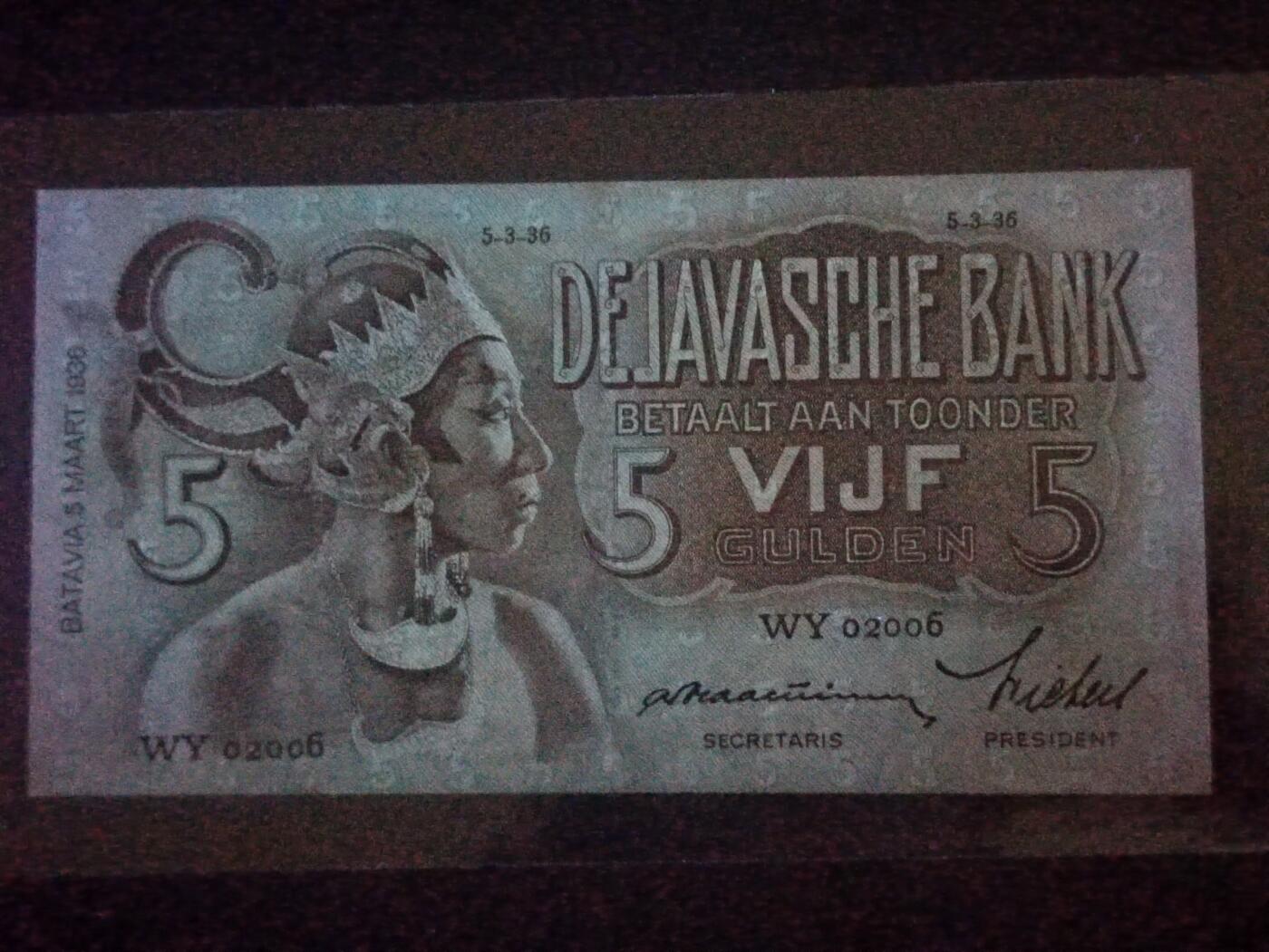 【年前末拍！】2026二月第二期，总216期 荷属东印度（现印度尼西亚）1936年5盾AUNC千位号无47，民族舞蹈和四文告示，稀有的早期年份