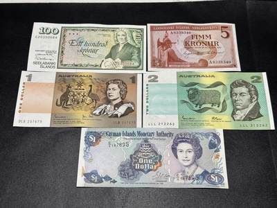 《外钞收藏家》第六百零九期（农历年前收官场、本期年后快递恢复正常再发货）（本平台长期征集拍品、欢迎藏友们联系合作） - 冰岛、澳大利亚、开曼 5张一起 全新 3张轻微潮