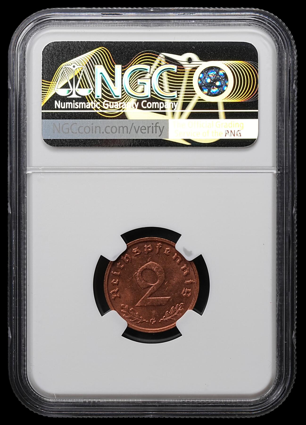 修遠堂世界钱币第104期 NGC MS62RB 1939年德国2芬尼铜币 G厂铭