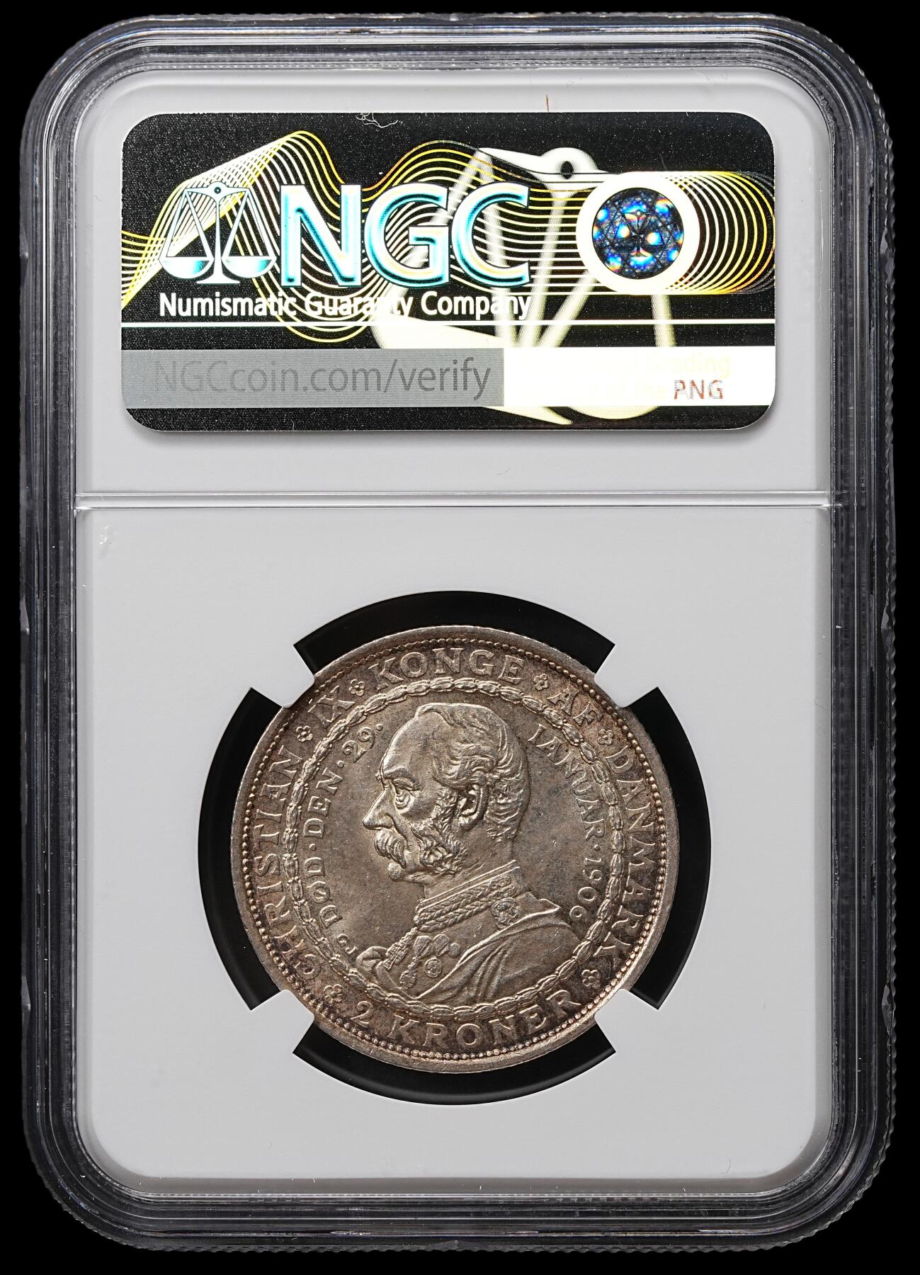修遠堂世界钱币第104期 NGC MS65 1906年丹麦国王更迭纪念2克朗银币