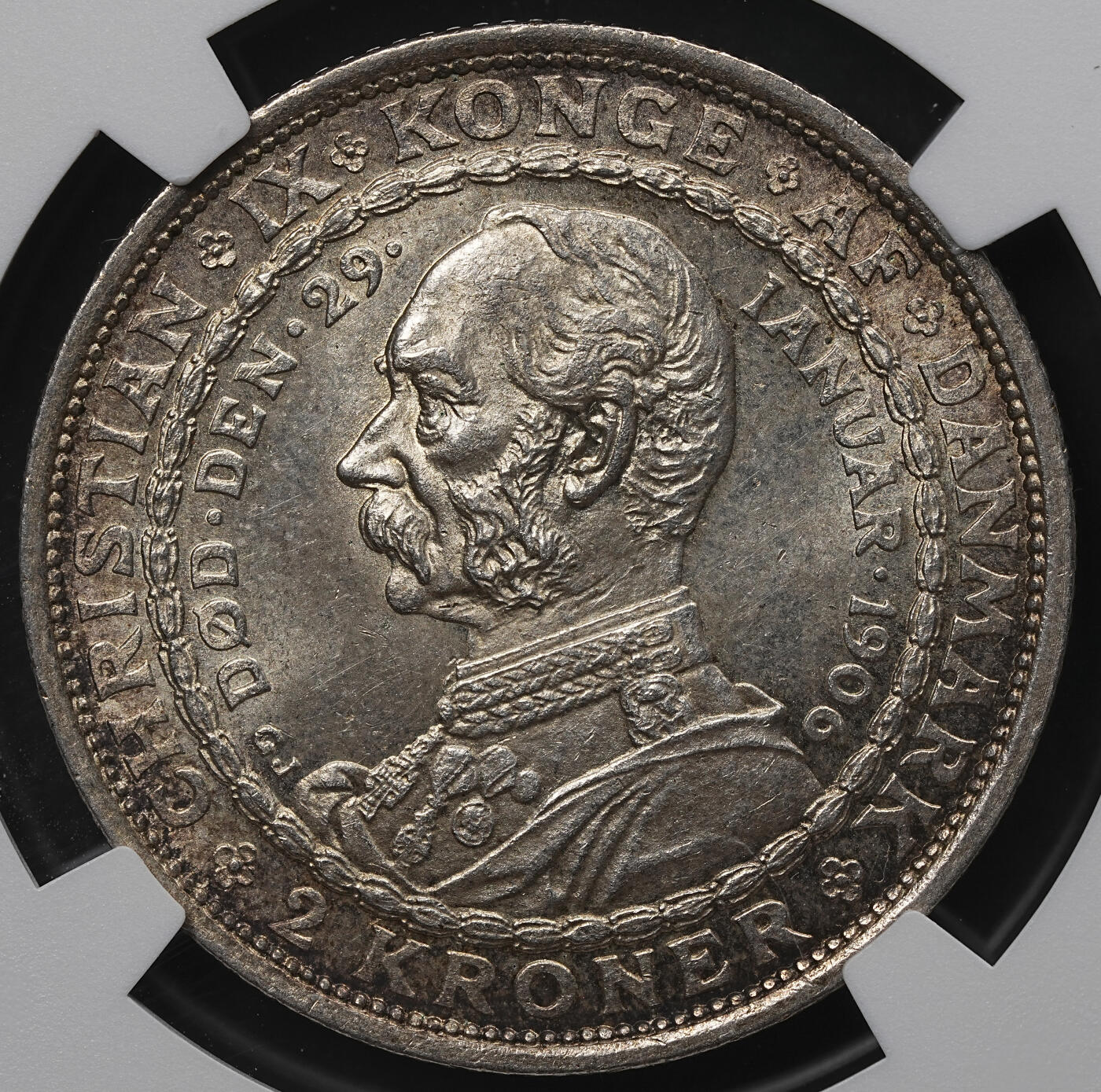 修遠堂世界钱币第104期 NGC MS65 1906年丹麦国王更迭纪念2克朗银币