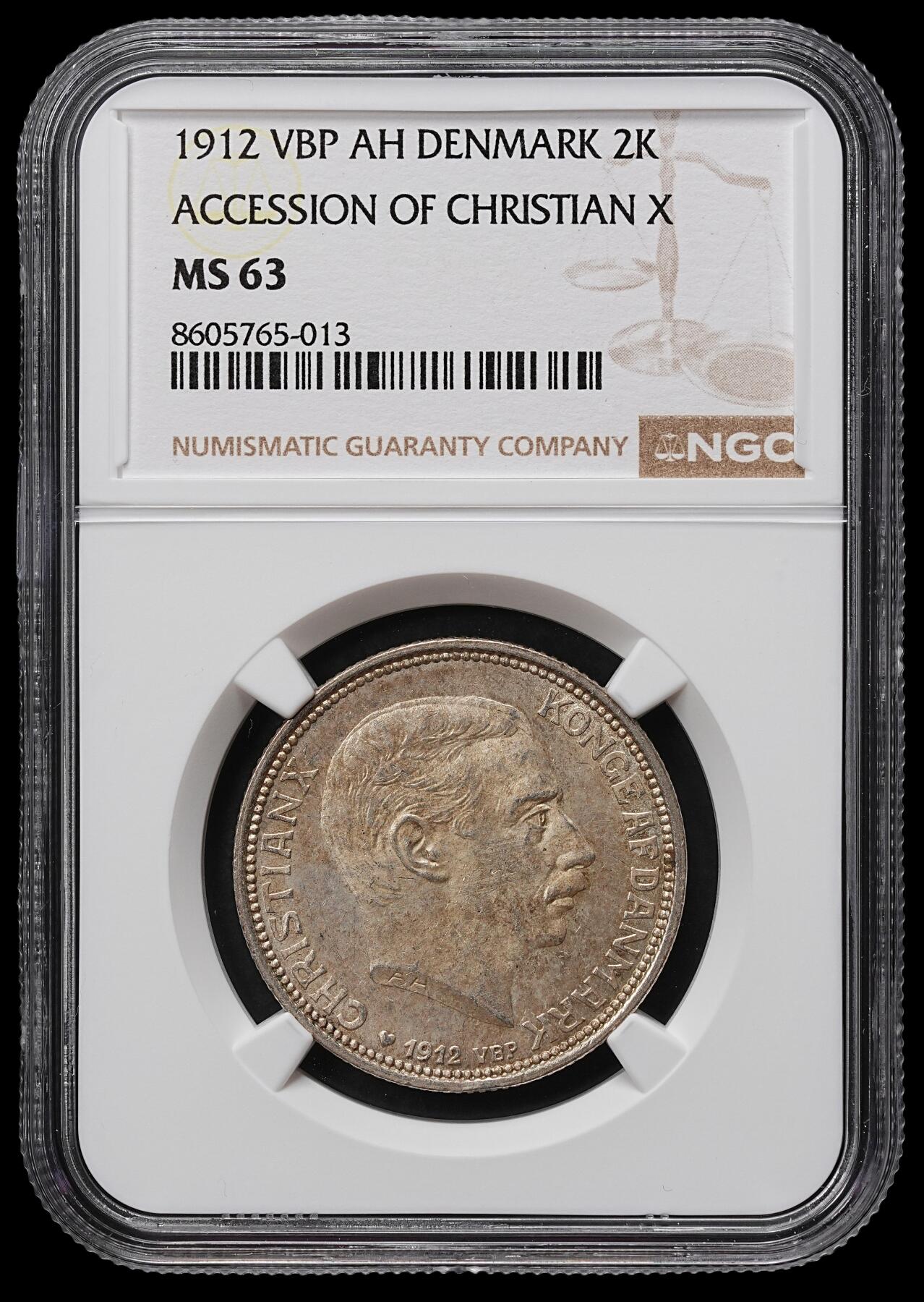 修遠堂世界钱币第104期 NGC MS63 1912年丹麦国王更迭纪念2克朗银币