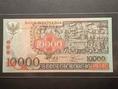 【年前末拍！】2026二月第二期，总216期 - 印度尼西亚1975版10000卢比AUNC，佛塔浮雕和传统工艺面具，此版本最大面值