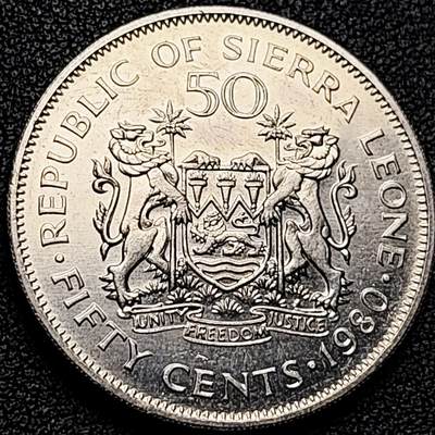 泉币菌-第182场- 精品福利场 - 稀少 原光极美 塞拉利昂1980年 50分铜镍币 30.0毫米11.6克