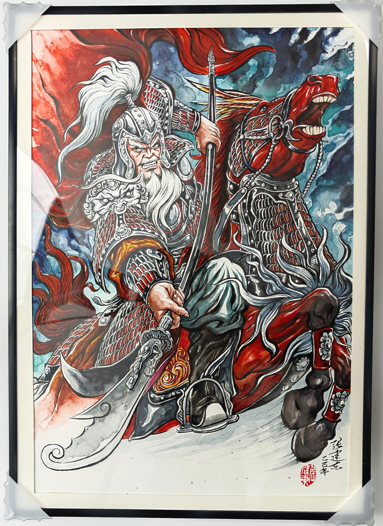 白泽拍卖卡牌手绘专场第32期（愿得长如此 年年物侯新） 2025 张建东手绘画 黄忠 已装裱 尺寸：内26.5cm*38.8cm 外30.5cm*44.5cm  张建东亲签