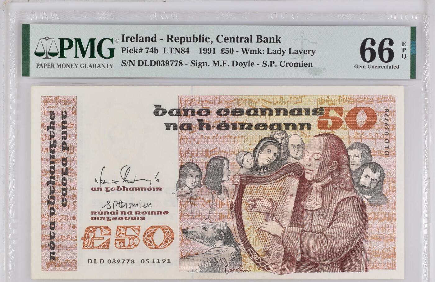 《外钞收藏家》第六百零九期（农历年前收官场、本期年后快递恢复正常再发货）（本平台长期征集拍品、欢迎藏友们联系合作） 1991年爱尔兰50镑 PMG66 号码无4 尾8