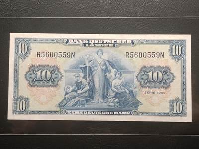 【年前末拍！】2026二月第二期，总216期 - 德国1949版10马克UNC微挤纸，后期“德意志国家银行”抬头，机械，法律和建筑人格化象征