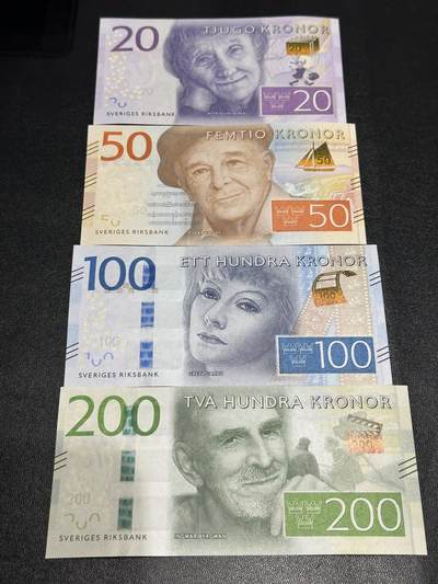 《外钞收藏家》第六百零九期（本期年后快递恢复正常再发货）（本平台长期征集拍品、欢迎藏友们联系合作） - 瑞典新版20/50/100/200克朗文化名人系列四张一套（绝品）