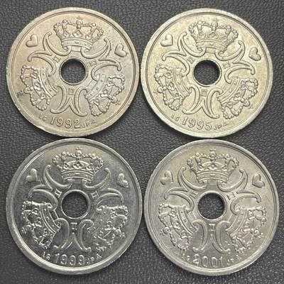 回流0207 - 丹麦1992、1995、1999、2001年玛格丽特二世女王2克朗4枚合计等值人民币8.8元